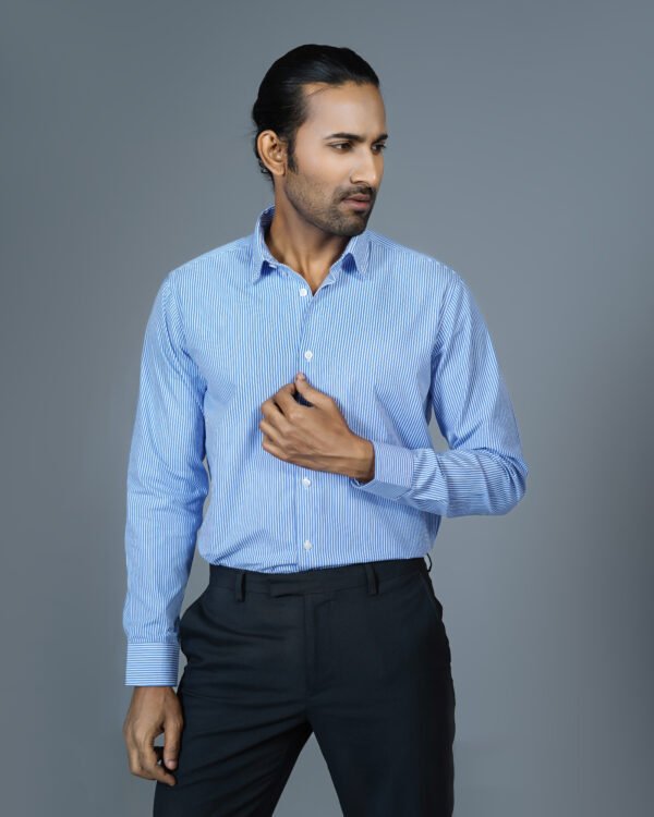 Men’s 100% Cotton Slim Fit Business Shirt – Blue Vertical Stripe-SB222 - Image 3